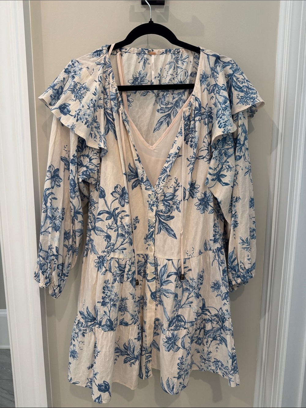 Free People Blue and Cream Floral Ruffle Dress - Picture 2 of 6